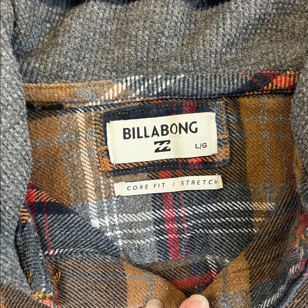 Billabong Plaid Hooded Flannel Shirt Jacket Brown Gray Core Fit Large - Picture 2 of 7